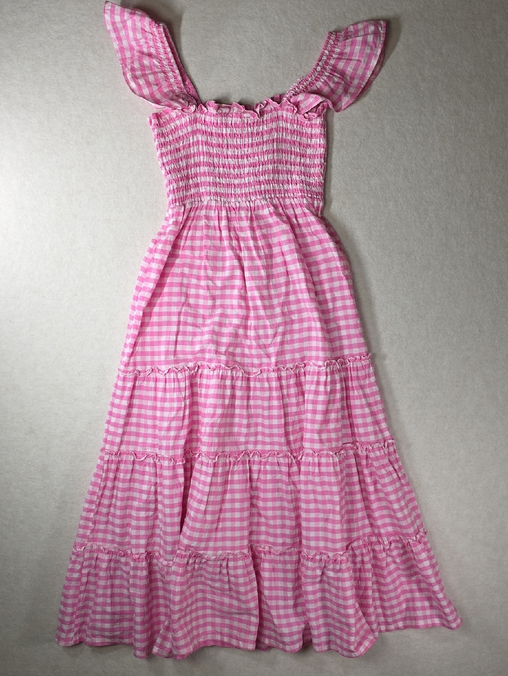 Pink Gingham Midi Tiered Dress - Smocked Bodice Fluttered Straps 100% Cotton